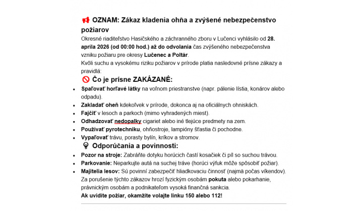 OZNAM: Zákaz kladenia ohňa a zvýšené nebezpečenstvo  požiarov