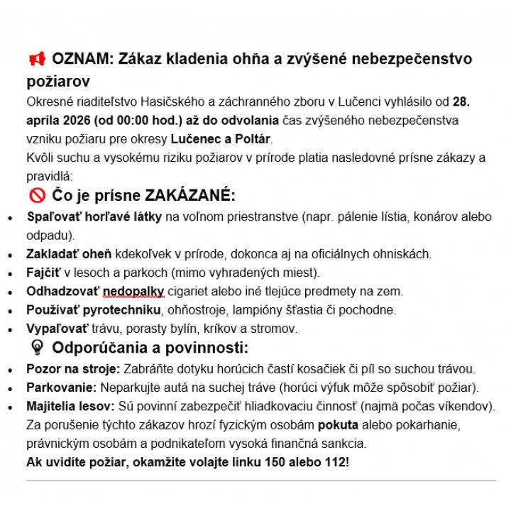 OZNAM: Zákaz kladenia ohňa a zvýšené nebezpečenstvo  požiarov