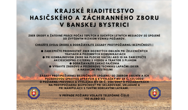 Prijatie preventívnych opatrení na zníženie požiarovosti pri činnostiach so zvýšeným nebezpečenstvom vzniku požiaru - zber obilnín, ich pozberovej úprave a skladovaní objemových krmovín a slamy 