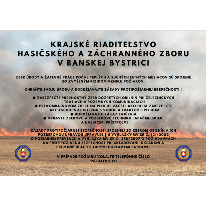 Prijatie preventívnych opatrení na zníženie požiarovosti pri činnostiach so zvýšeným nebezpečenstvom vzniku požiaru - zber obilnín, ich pozberovej úprave a skladovaní objemových krmovín a slamy 