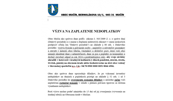 VÝZVA NA ZAPLATENIE NEDOPLATKOV