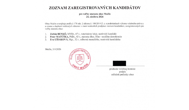 Zoznam zaregistrovaných kandidátov pre voľby starostu obce Mučín