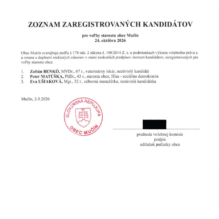 Zoznam zaregistrovaných kandidátov pre voľby starostu obce Mučín